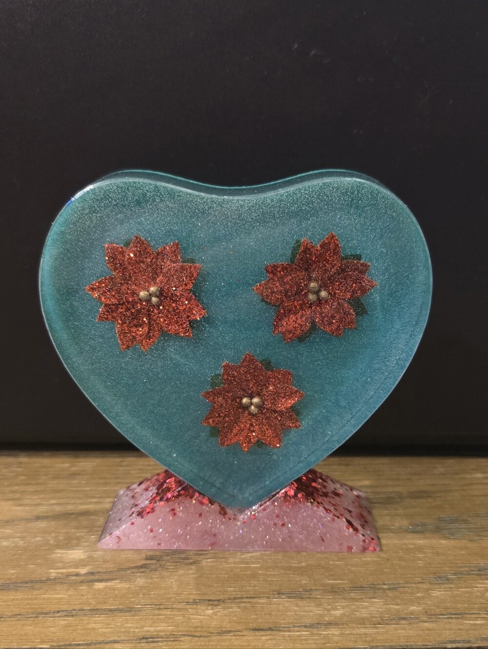 Handcrafted Teal Heart Resin Art with Red Floral Accents 4x4